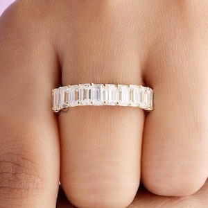 Emerald Cut Band Colorless Moissanite Engagement Band/ Full Eternity Band/ Stacking Anniversary Band In 14K Solid Yellow Gold/ Emerald Band