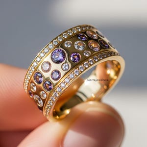 Amethyst Round Cut Engagement Band, Half Eternity Cluster Wedding Band, Flush Setting Stackble Band, 14K Gold Scattered Diamond Wide Band