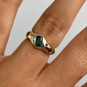 Flush Setting Family Gemstone Ring, Full Eternity Multi Color Wedding Band, Multi Shape Unique Wide Band, 14K Yellow Gold Stackable Band