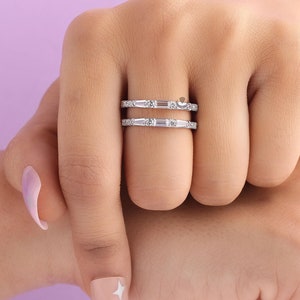 14K White Gold Finish Solitaire Wedding Enhancer Wrap Ring/ Enhancer Guard Wedding Band/ Baguette Cut Colorless Moissanite Enhancer Band