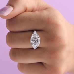 Three Stone Engagement Ring/Asscher & Trilliant Cut Diamond Engagement Ring/ 14K Solid White Gold Ring/ Three Stone Moissanite Wedding Ring