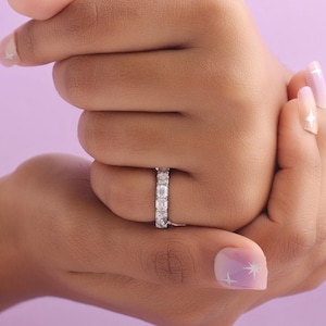 Emerald Cut Wedding Band/ 10K/14K/18K Solid White Gold Band/ Full Eternity Moissanite Band/ Emerald Cut Colorless Moissanite Engagement Band