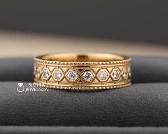 Antique Style Stacking Wedding Band, Round Cut Lab Grown Diamond Ring, Milgrain Set Engagement Band, 14K Yellow Gold Geometric Eternity Ring