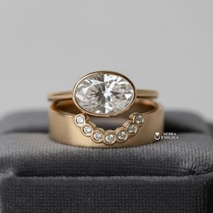 East To West Oval Cut Moissanite Ring Set, Solitaire Engagement Ring, Seven Stone Curved Wide Wedding Band, Bezel Ring Set, 14K Yellow Gold
