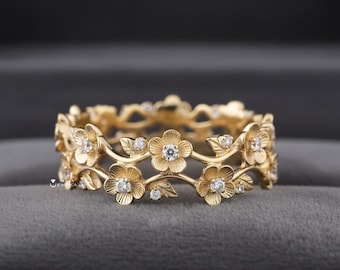 Alianza de compromiso con forma de flor, con diamantes redondos cultivados en laboratorio, estilo hoja, oro de 14 quilates, apilable, con diseño floral.