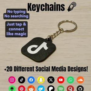 May include: A black NFC social media keychain with a white TikTok logo. The keychain has a silver ring and chain. Text on the image reads "No typing, No searching, Just tap & connect like magic." The image also shows 20+ social media designs.