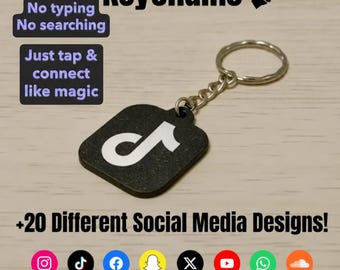 May include: A black square NFC keychain featuring the white TikTok logo, attached to a silver metal ring. Text reads: NFC Social Media Keychains, No typing No searching, Just tap & connect like magic, +20 Different Social Media Designs! with various social media icons.