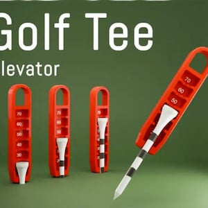 Puede incluir: Elevador de tee de golf rojo con tees blancos y ejes a rayas blancas y negras. El elevador tiene medidas de 30 a 70. El texto "Golf Tee Elevator" se muestra en blanco.
