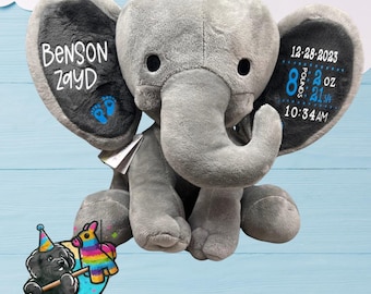 May include: Gray plush elephant stuffed animal with embroidered details. One ear has the name "Benson Zayd" and the other ear has the date "12-28-2023", weight "8 pounds 2 oz", and time "10:34 AM".