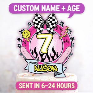 Printable Pop Punk Birthday Cake Topper, Custom Name & Age, Skater Girl Party Decor, Y2K Grunge Cake Topper, Lightning Bolt Bow Flames