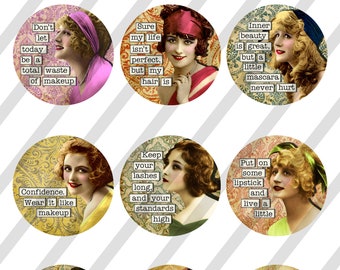 Digital Collage Sheet, 2.5 inch Round Funny Beauty Ladies,  Circles, (Sheet no. FS315) Instant Download