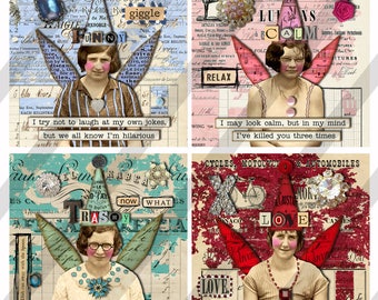Digital Collage Sheet, 4 inch, Funny, Sarcastic Collage Women, Coasters with 2" Charms, Square and Round, (Sheet no. FS301) Instant Download