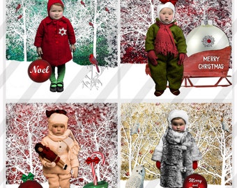 Christmas Digital Collage Sheet 4X4 inch Coaster Size, Adorable Winter Children, Squares and Circles (Sheet no. FS325)