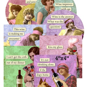 Digital Collage Sheet 4X4 inch Wine Ladies Coaster Size, Squares and Circles Sheet no. FS224 4 Sheets Instant Download image 1