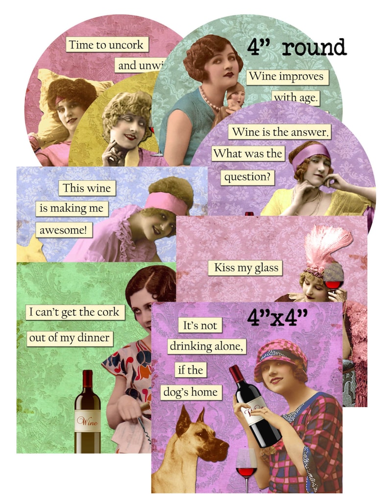 Digital Collage Sheet 4X4 inch Wine Ladies Coaster Size, Squares and Circles Sheet no. FS224 4 Sheets Instant Download image 1