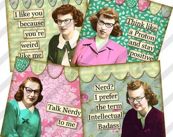 Digital Collage Sheet 4X4 Nerdy Girls Coaster Size with 1 inch Wine Charms (Sheet no. FS222) Instant Download