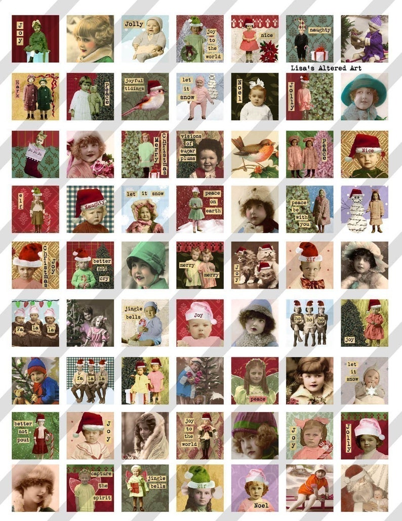 Digital Collage Sheet Altered Art Charm Images 1 inch by 1 inch Christmas Sheet no.FS62 Instant Download image 2