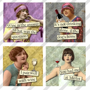 Digital Collage Sheet 1.5 X1.5 inch and 1 inch, Wine Ladies (Sheet no. FS205) Instant Download