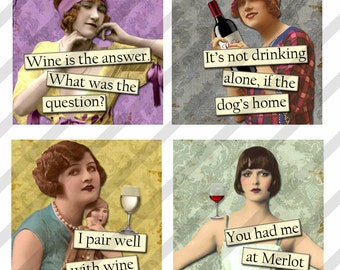 Digital Collage Sheet 1.5 X1.5 inch and 1 inch, Wine Ladies (Sheet no. FS205) Instant Download