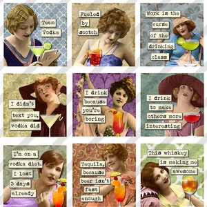 Digital Collage Sheet Cocktails, 1x1 inch, Drinking ladies, funny collage 1 inch Sheet no. FS218 Instant Download image 1