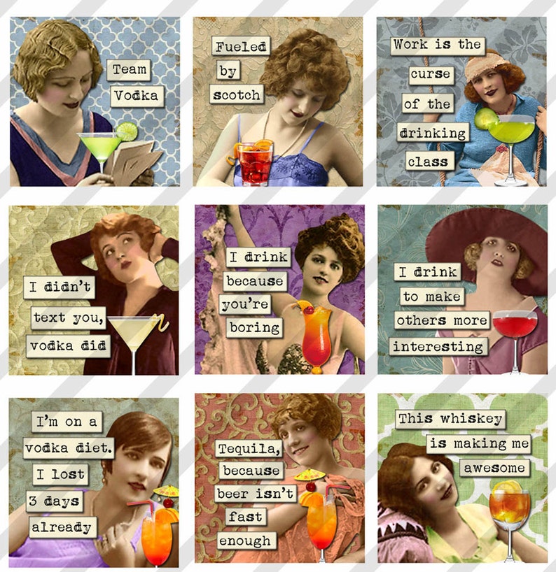 Digital Collage Sheet Cocktails, 1x1 inch, Drinking ladies, funny collage 1 inch Sheet no. FS218 Instant Download image 1