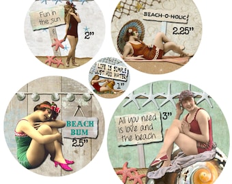 Digital Collage Sheet, Circle images, At the Beach 5 Sizes 1", 2", 2.25", 2.5", 3" (Sheet no. FS236) Instant Download