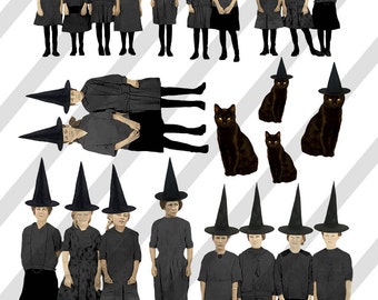 Digital Collage Sheet Halloween Girl Witch and Black Cat Images (Sheet No.O214) Instant Download