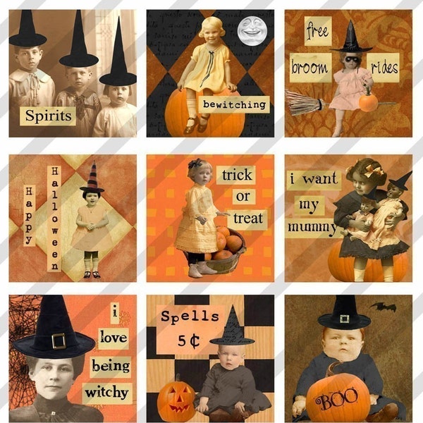 Halloween digital collage sheet,  Altered art, 1.5 X1.5  inch  and 1 X 1 Inch Halloween images, 2 Sizes (Sheet no.FS56) Instant Download