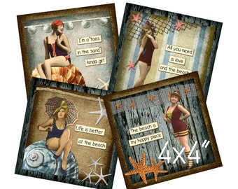Digital Collage Sheet, 4X4 inch, Beach Ladies, Coaster Size with 1 and a half inch  Charms (Sheet no. FS230) Instant Download