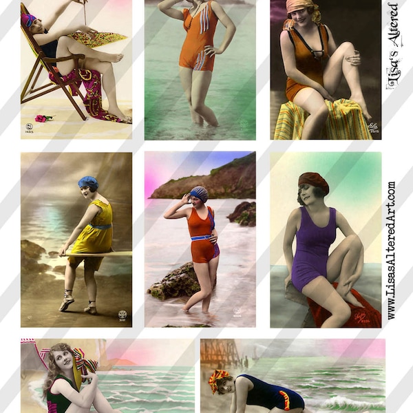Digital Collage Sheet Vintage Bathing Beauty Images Postcards(Sheet no. O129) Instant Download
