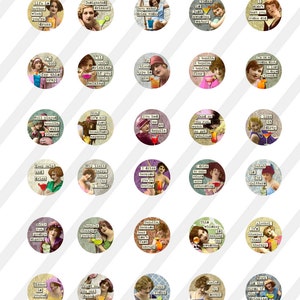Digital Collage Sheet, Circles, Bottle Caps, 1, 1.25 and 1.5 Sized Funny Cocktail Ladies, 3 Sizes Sheet no. FS215 Instant Download image 2