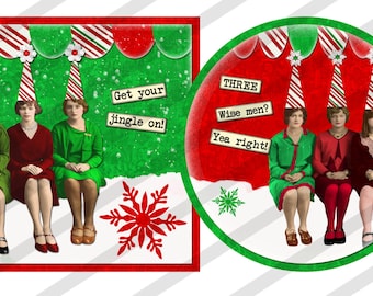 Christmas Digital Collage Sheet 4X4 Funny Ladies Coaster Size, Squares and Circles (Sheet no. H32) 2 Sheets Instant Download