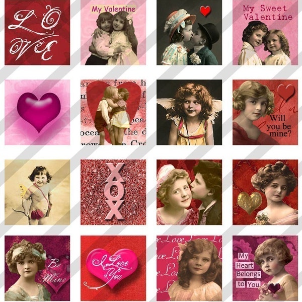 Digital Collage Sheet  Altered Art Charm Images 1 inch by 1 inch Valentines (Sheet no. FS77) Instant Download