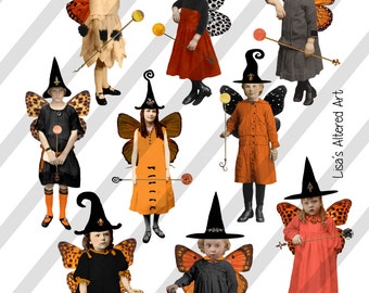 Collage Sheet,Vintage Halloween Sprite Witches with Spheres, 2 Sizes on 2 Sheets AND individual PNG files (Sheet no. H35) Instant Download