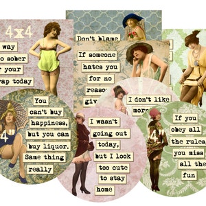 Digital Collage Sheet 4 inch,  Funny, Sarcastic Ladies, Coaster Size, Squares and Circles (Sheet no. FS257) 4 Sheets Instant Download