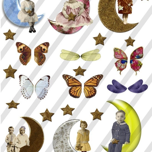 Digital Collage Sheet Children Moons Stars 1 (Sheet no. FM1) Instant Download
