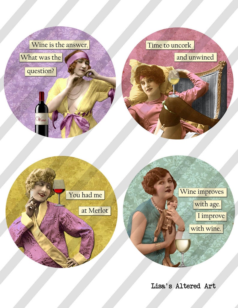 Digital Collage Sheet 4X4 inch Wine Ladies Coaster Size, Squares and Circles Sheet no. FS224 4 Sheets Instant Download image 4