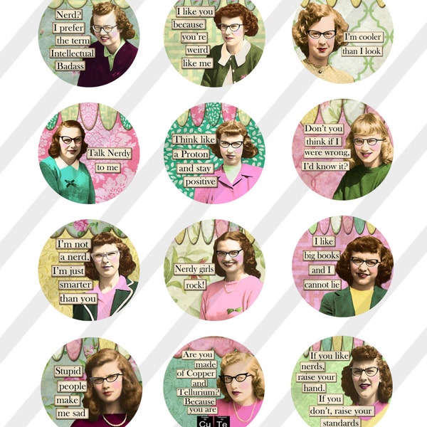 Digital Collage Sheet, Funny Nerdy Girls, Circles, 2 inch, 2.5 inch and 3 inch (Sheet no. FS254) Instant Download