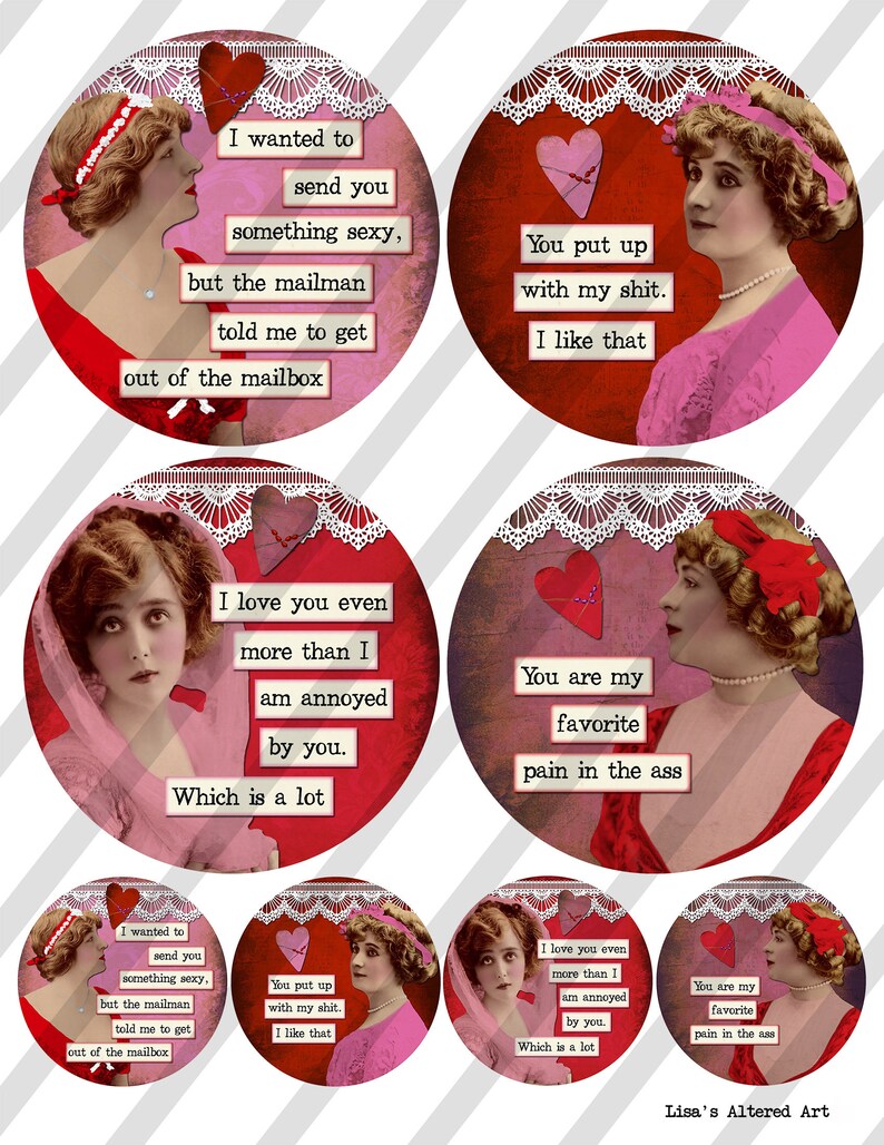 MATURE-Collage Sheet, Valentine, 4 inch, Funny, Love, Women Coasters, and 2 Charms, Square and Round, Sheet no. FS309 Instant Download image 3