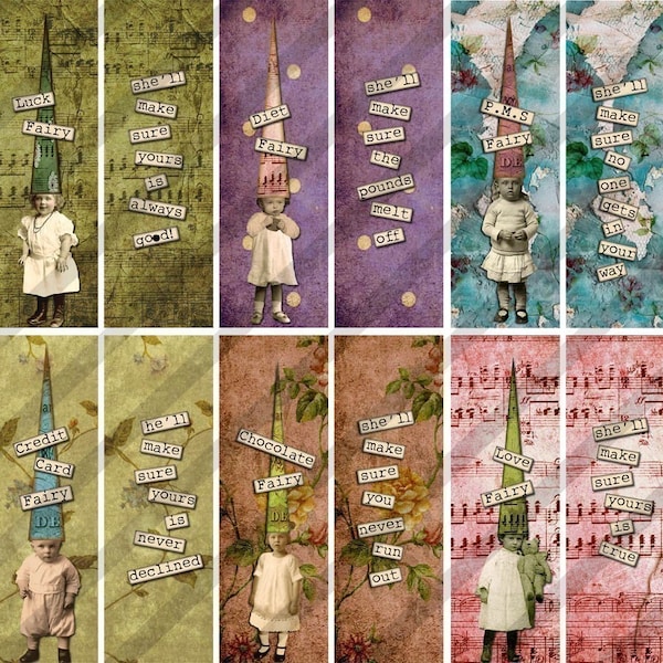 Digital Collage Sheet Slides Treasure Fairies 2 SHEETS of 1X3 inch  Images. (sheet No.FS103A&B) Instant Download