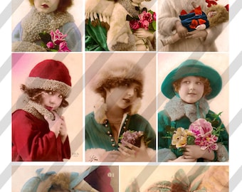 Feuille de Collage numérique filles de Noël Images de cartes postales (feuille no. O197) Téléchargement instantané