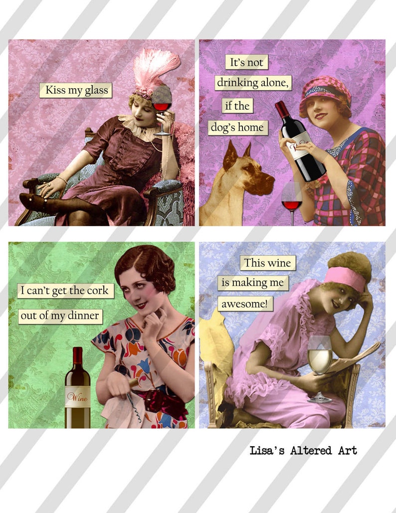 Digital Collage Sheet 4X4 inch Wine Ladies Coaster Size, Squares and Circles Sheet no. FS224 4 Sheets Instant Download image 3