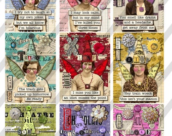 Digital Collage Sheet 2.5 X 3.5 ATC Sized Images, Sarcastic Collage Women, 9 Images(Sheet no. FS302) Instant Download