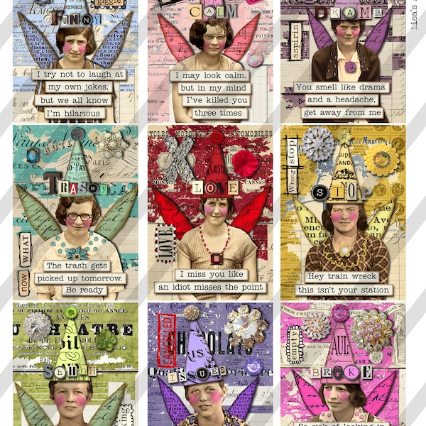 Digital Collage Sheet 2.5 X 3.5 ATC Sized Images, Sarcastic Collage Women, 9 Images(Sheet no. FS302) Instant Download