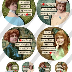 MATURE-Digital Collage Sheet, 4X4", Funny, Sarcastic Women, Coasters with 1.5" Charms, Square and Round, (Sheet no. FS288) Instant Download