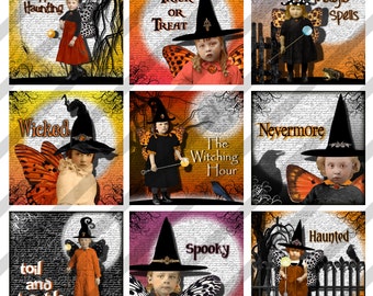 Digital Halloween Collage Sheet, Witch Images,  1.5 X 1.5 inches, Halloween Images (Sheet no.FS242) Instant Download