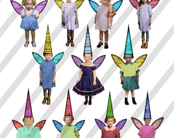 Back to Basic Fairies. 4 inch fairies with wings and hats. Printable sheet, plus 11 individual PNG files Sheet no. FS327