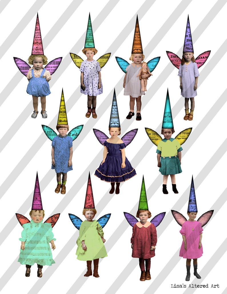 Back to Basic Fairies. 4 inch fairies with wings and hats. Printable sheet, plus 11 individual PNG files Sheet no. FS327 image 1