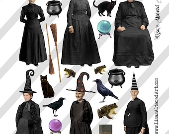 Digital collage sheet vintage Halloween witch images with crazy hats (Sheet no. H25) PNG file available-Instant Download