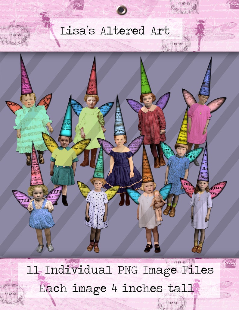 Back to Basic Fairies. 4 inch fairies with wings and hats. Printable sheet, plus 11 individual PNG files Sheet no. FS327 image 2